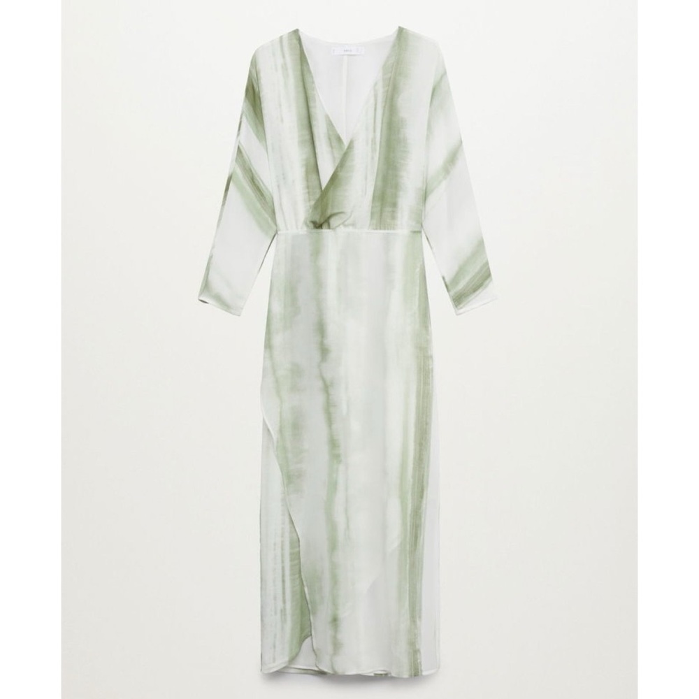 MNG Wrap Tie Dye Midi Dress V Neck Long Sleeve Pastel Green Medium
